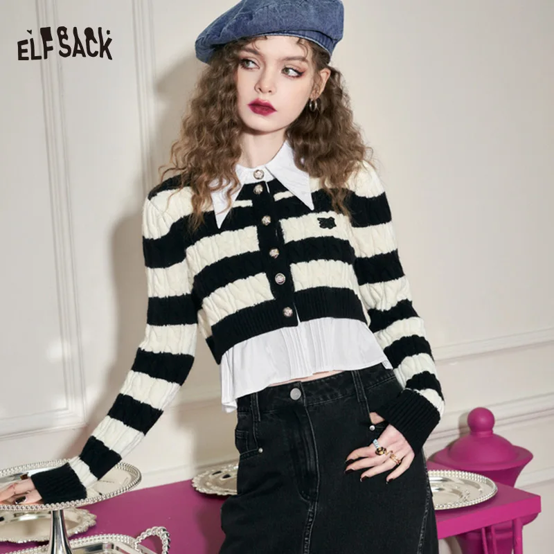 

ELFSACK Black and White Striped Knitwears Women 2023 Spring Long Sleeve Spliced Basic Tops