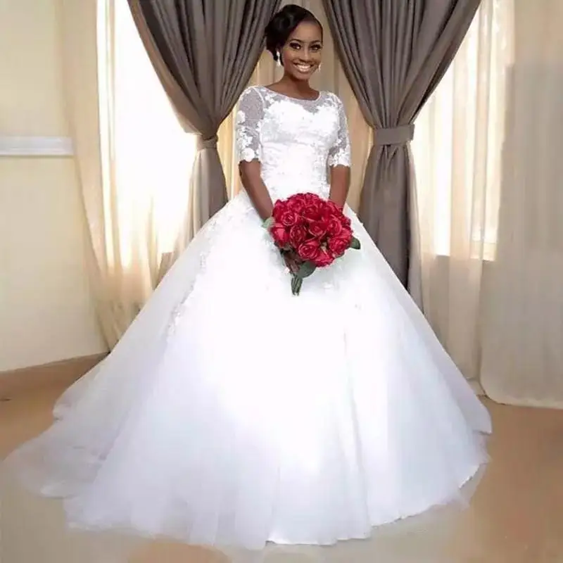 

GUXQD African Ball Gown Wedding Dresses Half Sleeves Illusion Lace Appliques Court Train Bridal Gowns Vestido De Noiva