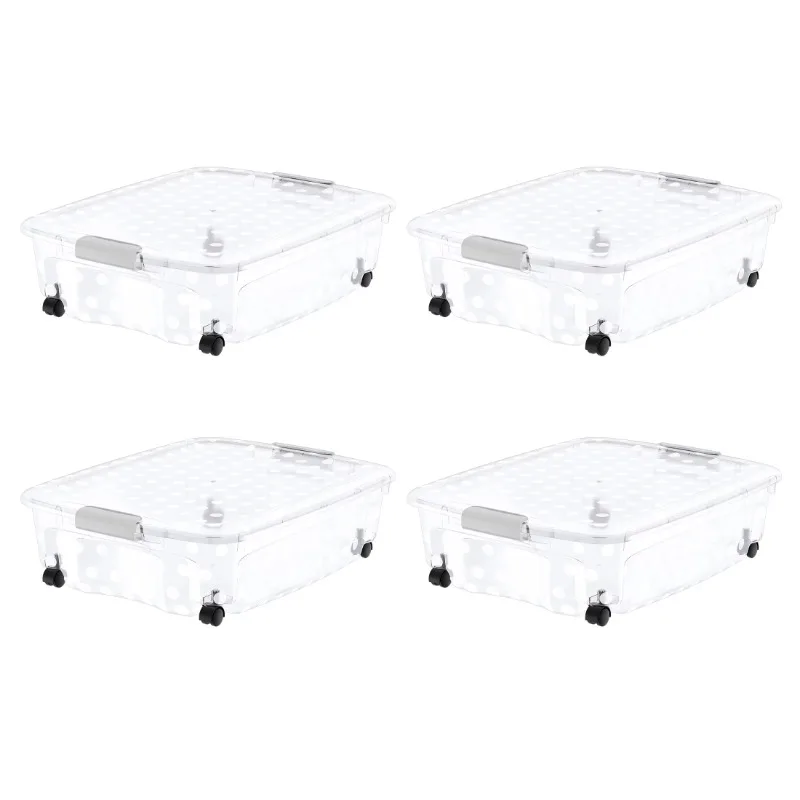 

Bella Storage 36.5 Quart Underbed Clear Polka Dot Plastic Latching Lid Tote with 360 Degree Swivel Wheels Set of 4