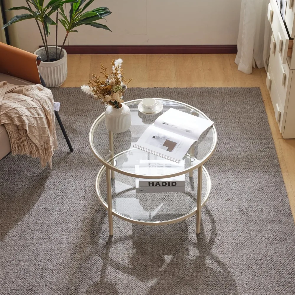 25.6" Round Coffee Table, Transparent Glass Coffee Tables for Living Room, 2-Tier Coffee Table with Storage, Modern Center Table 3