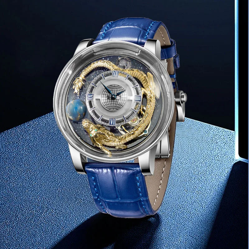PINDU Celestial Series Rotating Dial Wristwatches Men Transparent Design Rose Gold Quartz Watches Leather Chinese loong Relogio