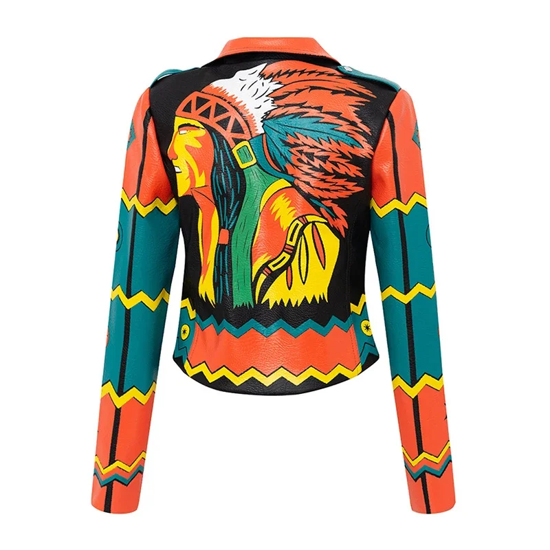 Contrast Color Block Print Leather Jacket for Women 2024 Trend Punk Style Streetwear Motorcycle Faux Leather Cropped Jacket