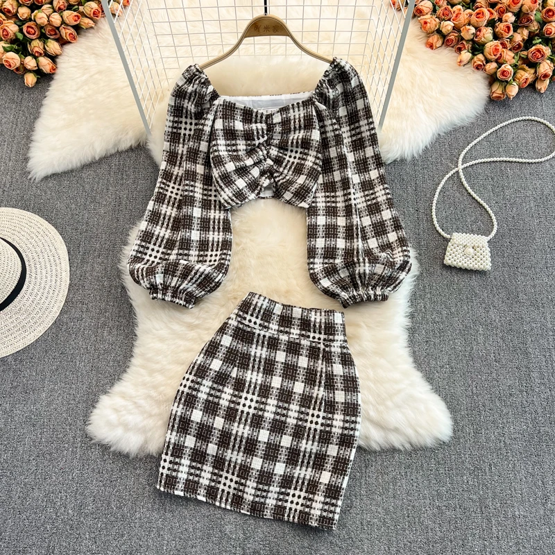 

Корейский весенне-осенний Острый Женский Модный комплект с юбкой, короткий топ с V-образным вырезом и длинным рукавом, из двух предметов, юбка с запахом и высокой талией