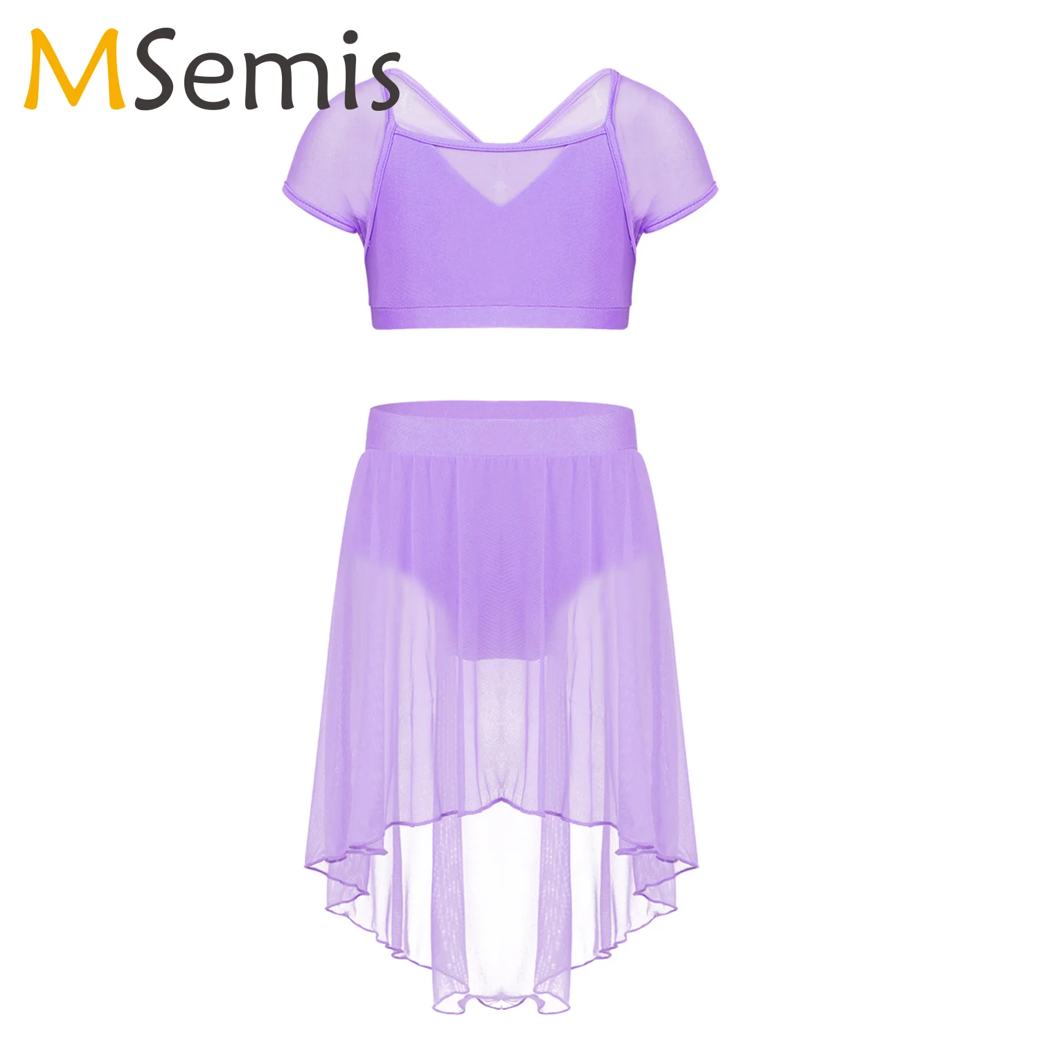 

Kids Girls Ballet Dress Gymnastics Swimsuit For Dancing Crop Top with Mesh Skirt Splice Cap Sleeves Ballet Dance Outfit Set
