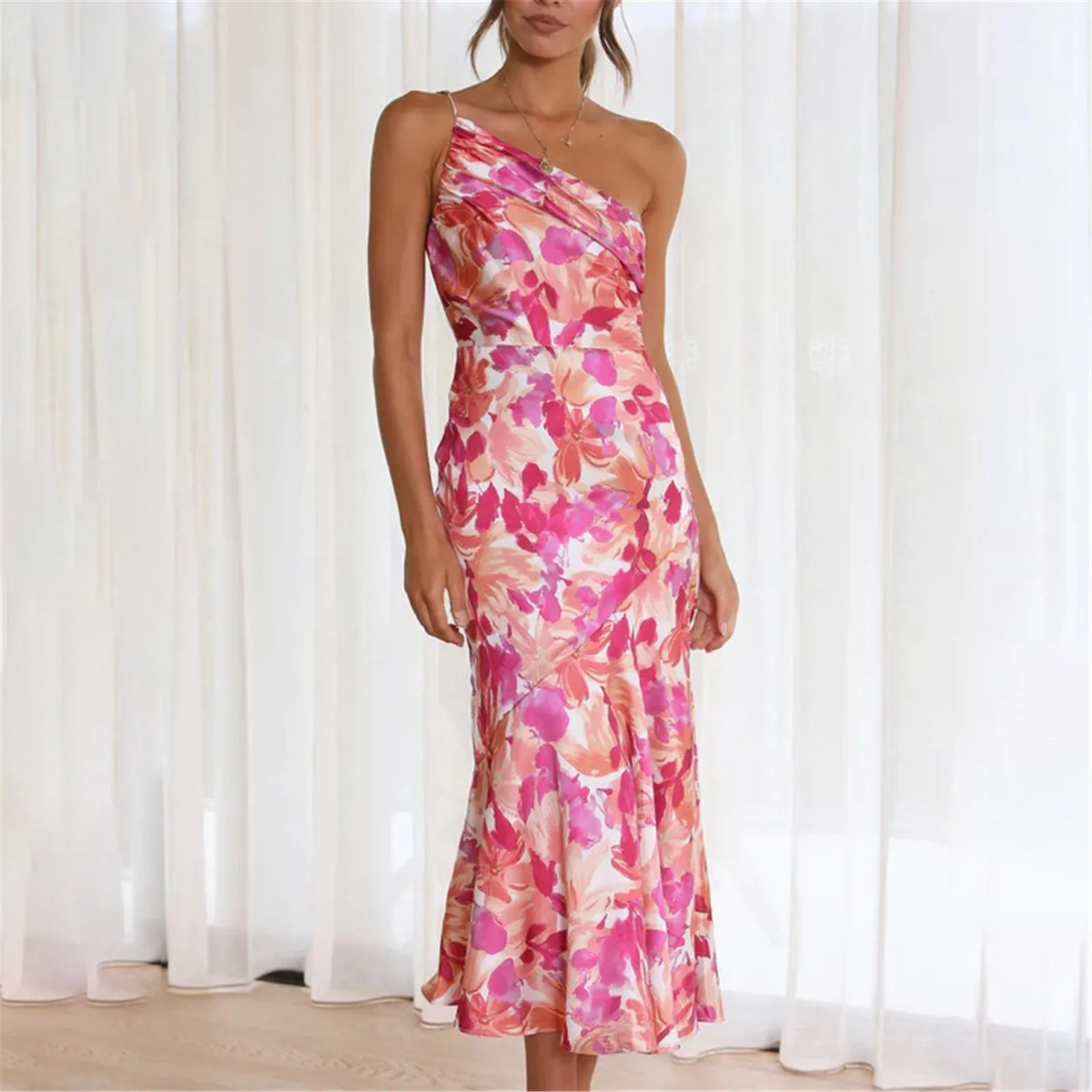 

Women's Dress Print One Shoulder Ruffle Ruched Off Shoulder Slim Floral Sundress Women Summer Female Party Dresses Vestidos