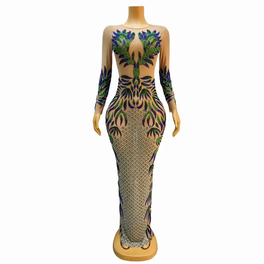 

Green Blue Shining Rhinestones TransparentDress Evening Birthday Celebrate Stretch OutfitCostume Long Sleeves Dresses C205