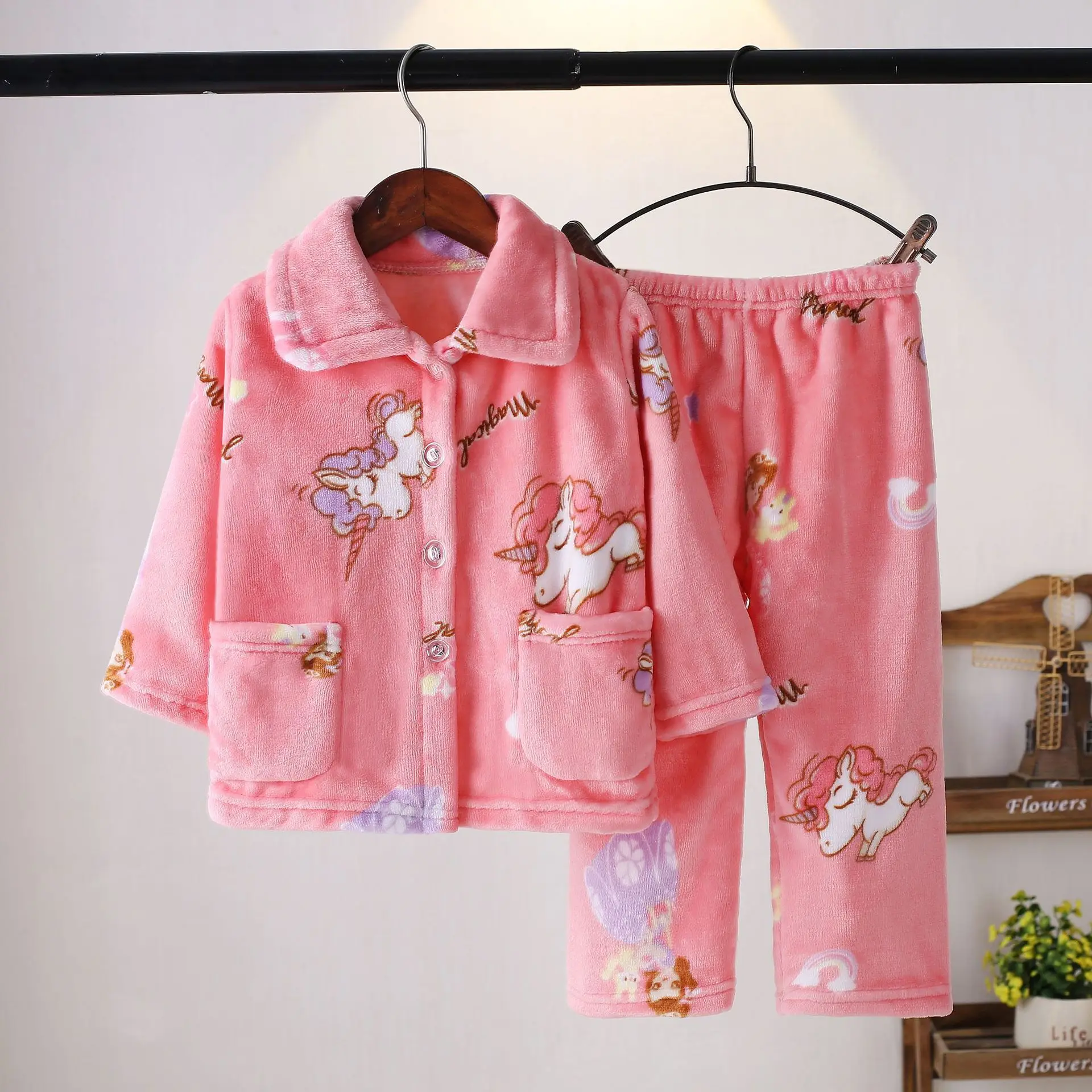 Flannel Pajamas Sets Boys Girls Cartoon Long Sleeve Lapel Tops with Pants PJM Sleepwear Clothing