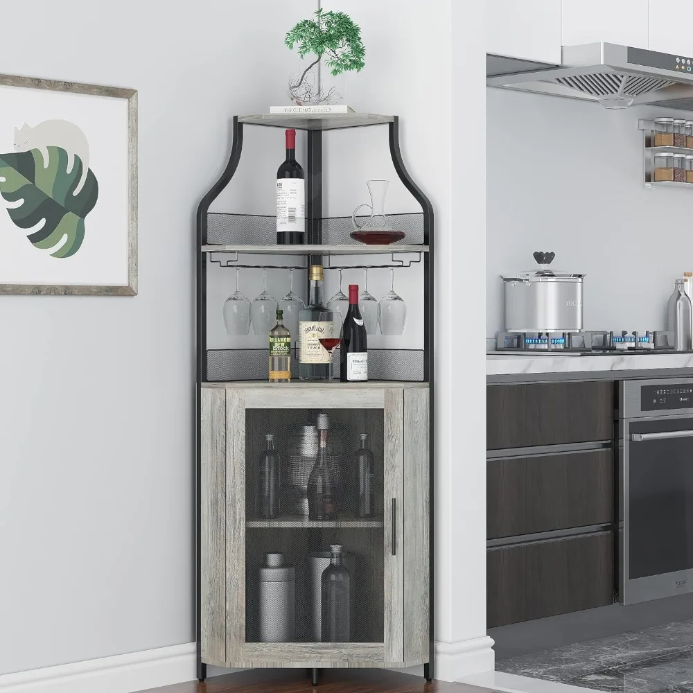 Corner Cabinet Removable Wine Rack Wine Bar Cabinet Barn Door Adjustable Shelves Industrial