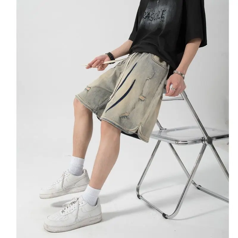 Yellow Mud-colored Old Denim Shorts Men's Washing Trendy American Retro Loose Street Hip-hop Ripped Five-point Pants
