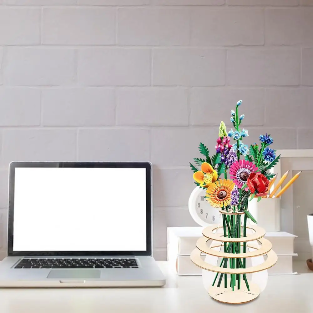 Wooden Puzzle Flower Vase with Stem Holder Heavy Duty DIY Flower Bouquet Display Stand Home Office Desktop Decoration 3