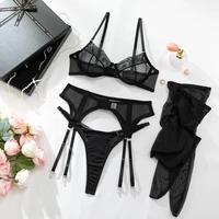 Ensemble de lingerie noire en maille pour femme, 4 pièces, soutien-gorge transparent avec jarretelles, string, bas, lingerie intime pour lune de miel, fête 6