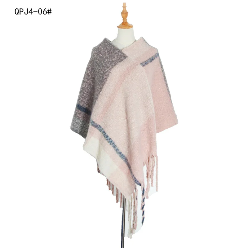

2022 new Autumn Winter Women's Shawl Coarse Tassel Loop Yarn Warm Capes Lady Ponchos Loose Coat Cloak Pink Pullover