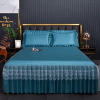 New 3 Pcs/set Modern Royal Blue Bedspread Cool Bed Skirt Machine Washable Sheets Bed Skirt with Elastic Band for Queen King Size 2