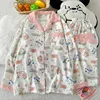 HelloKitty الحلو لطيف Harajuku نمط المرأة منامة الكرتون طباعة Kawaii موضة 2 قطعة مجموعة ملابس خاصة الخريف الشتاء ملابس منزلية جديدة