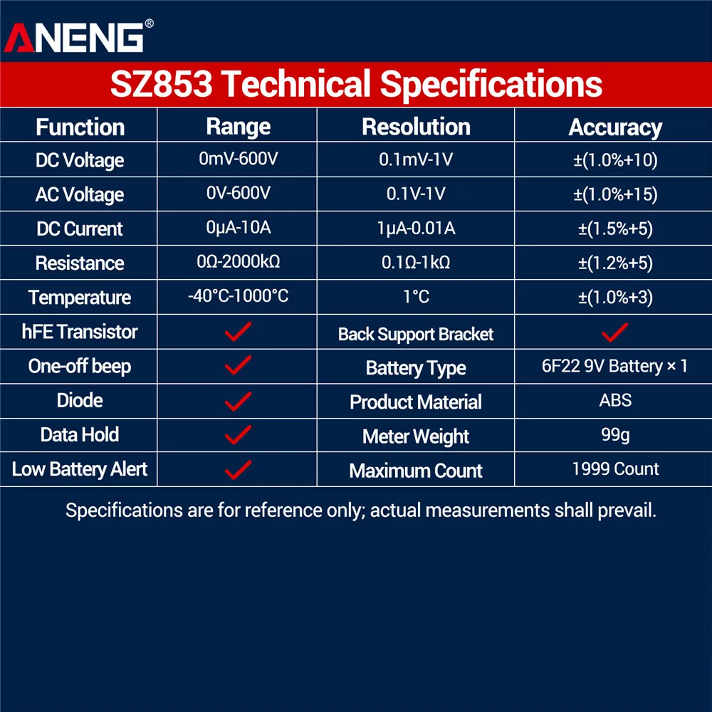 ANENG SZ853 다목적 디지털 고정밀 디지털 디스플레이 다기능 전자 유지보수 휴대용 만능 계측기