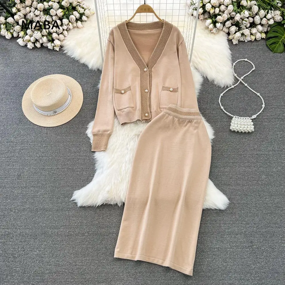 

Casual Knitted Contrast Color Two Piece Suit Women 2023 Autumn Loose V-neck Cardigan+sweater Bag Hip Skirt Elegant Y2k Outfits