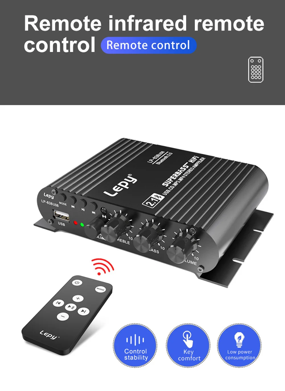 Audio Amplifier LEPY838USB Bluetooth Subwoofer Amplifier Computer 12V Car Home A