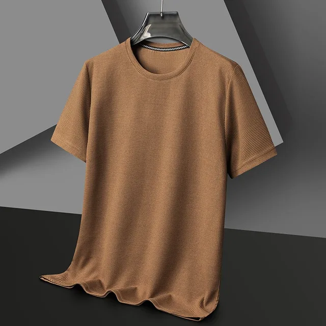 Men's New Summer Waffle round Neck Short Sleeve T-Shirt Comfortable Breathable Short-Sleeved Top for Men Casual Wear 1