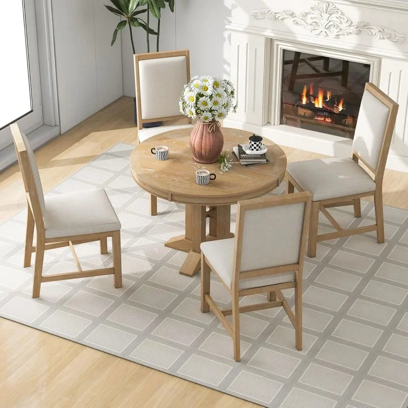 Extendable Round Dining Table Set with Chairs for 4-6 People, Solid Wood 5-Piece Kitchen Dining Room Set, Space-Saving Design