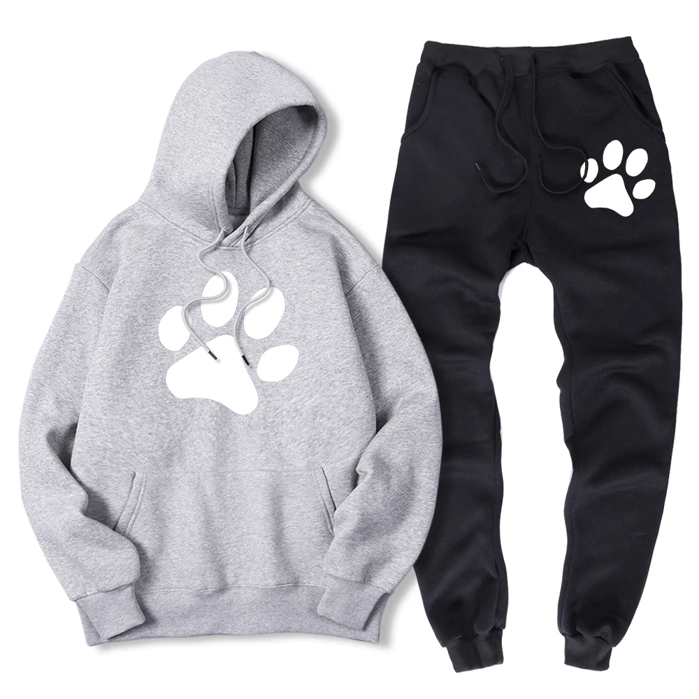thumbnail image 1 of Sudadera con estampado de pata de perro de dibujos animados kawaii para hombre + pantalón deportivo de invierno cálido de polar, conjunto de 2 piezas, ropa deportiva holgada de gran tamaño para hombre, 1 of 5