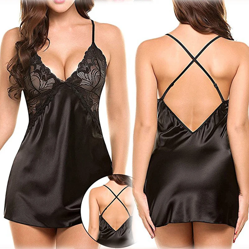 

Temptation Sexy Sheer Dress See Through Erotic Nightwear Silk Cross Back Suspender