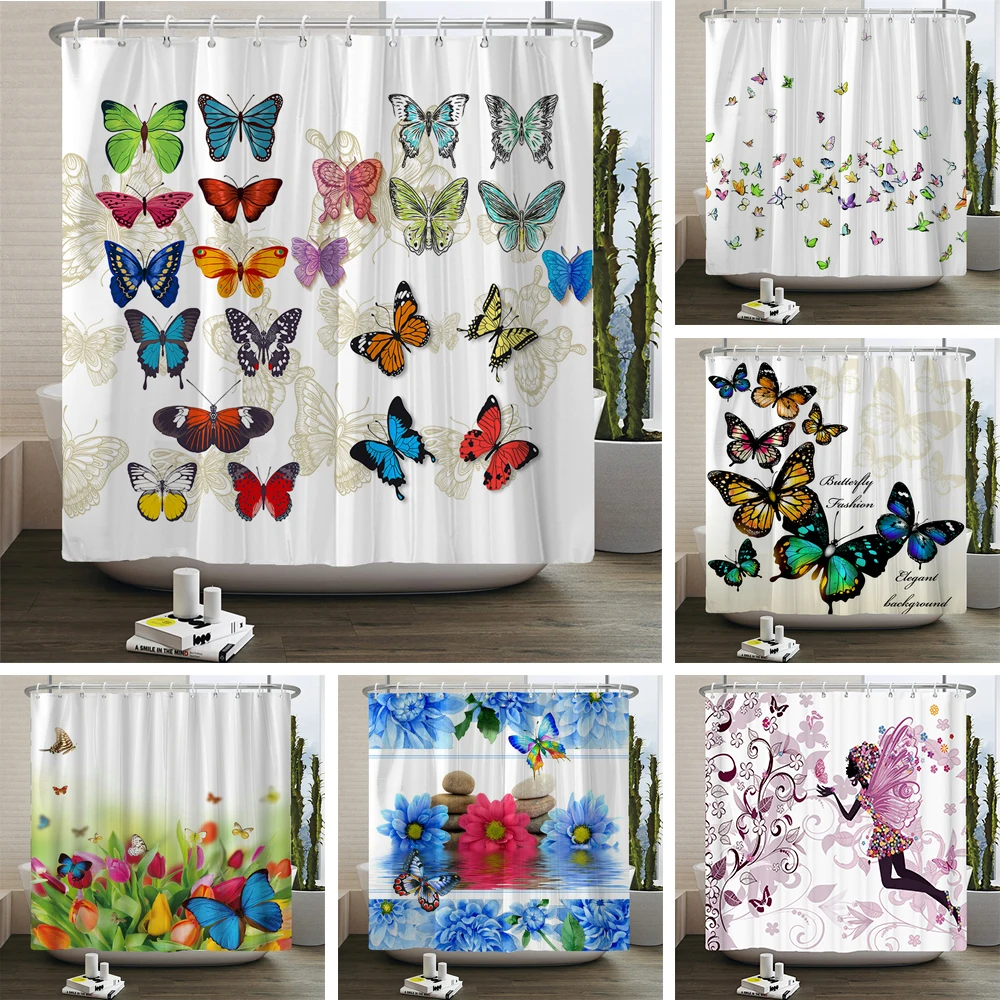

Flowers Butterfly Shower Curtain Fantasy Art Rose Floral Girls Waterproof Fabric Bathroom Curtain Room Decor Curtains With Hooks