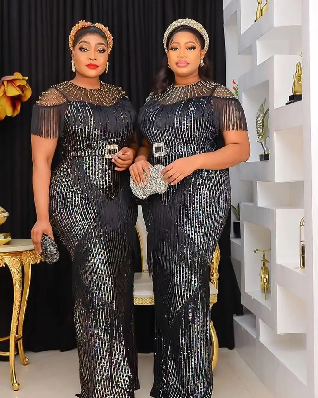 

2023 African Wedding Party Dresses for Women Summer Elegant African Short Sleeve O-neck Tassel Black Polyester Long Dress