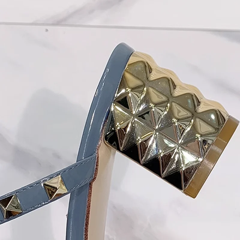 Women British Style Shoes Shiny & Matte Seam Studded Gold Heels 4/6cm Slides Front Open Toe Sandals Purple Microfiber Leather 45