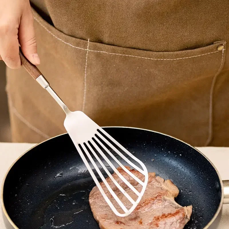 304 Stainless Steel Small Spatula Household Cooking Spoon Soup Spoon Frying Shovel Walnut Long Handle Anti-hot Spatula Kitchen