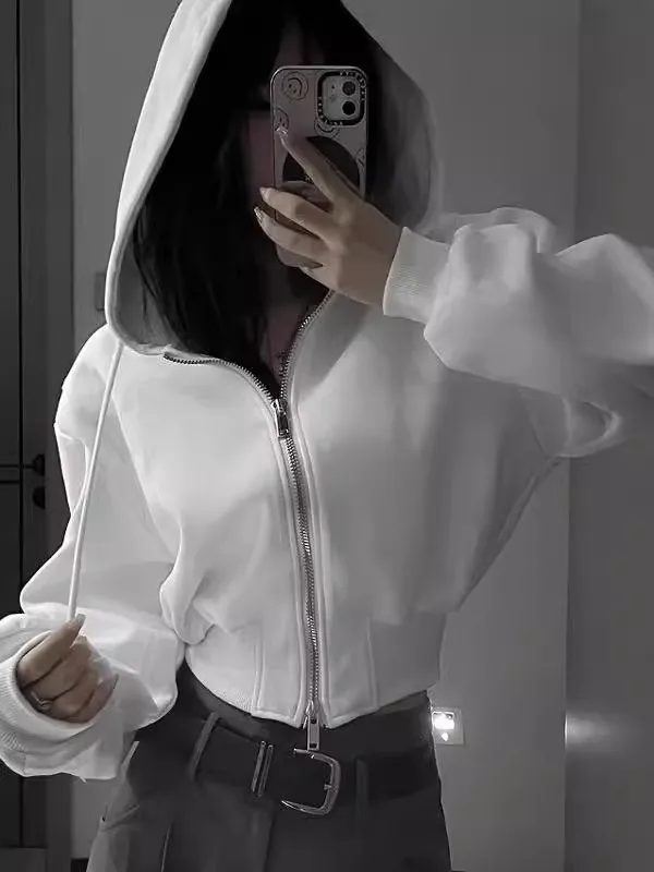 Thiened Hoodie Women's Faion oulder American Sle Slim Fit ort Coat Double Zipper White Spring Autumn Korean Version