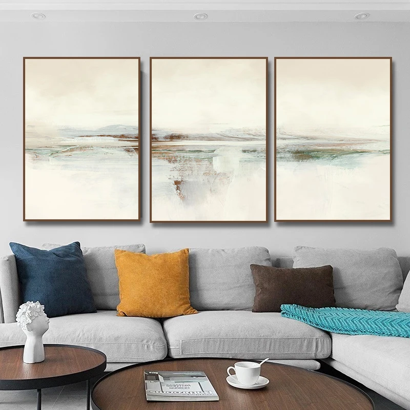 Minimalist Abstract Neutral Beige Coastal Landscape Blue Mountain Poster Canvas Painting Wall Art Pictures Home Interior Decor