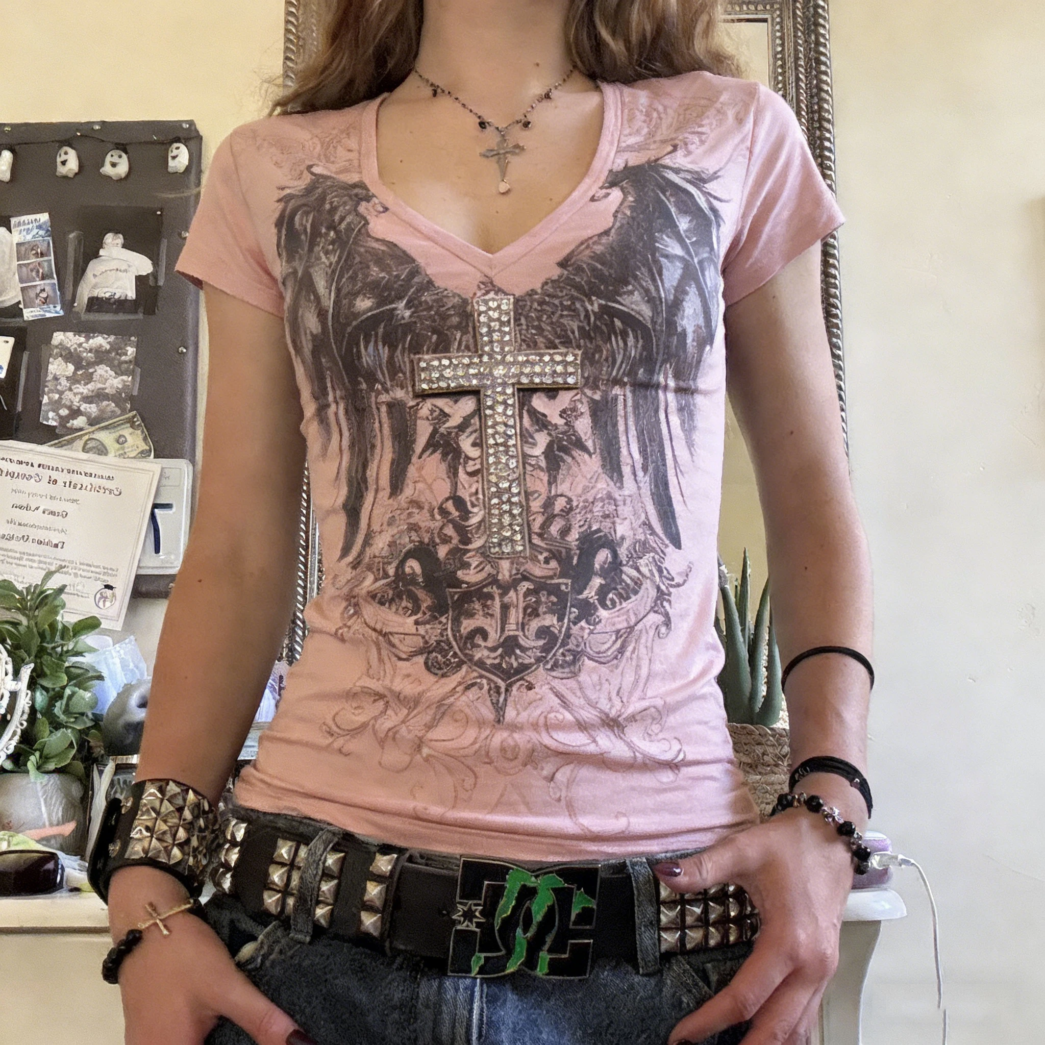 Women Short Sleeve V Neck Emo T Shirts Summer Gothic Y2k Grunge Graphic Tees Vintage Slim Fit 2000s Clothes Streetwear 1