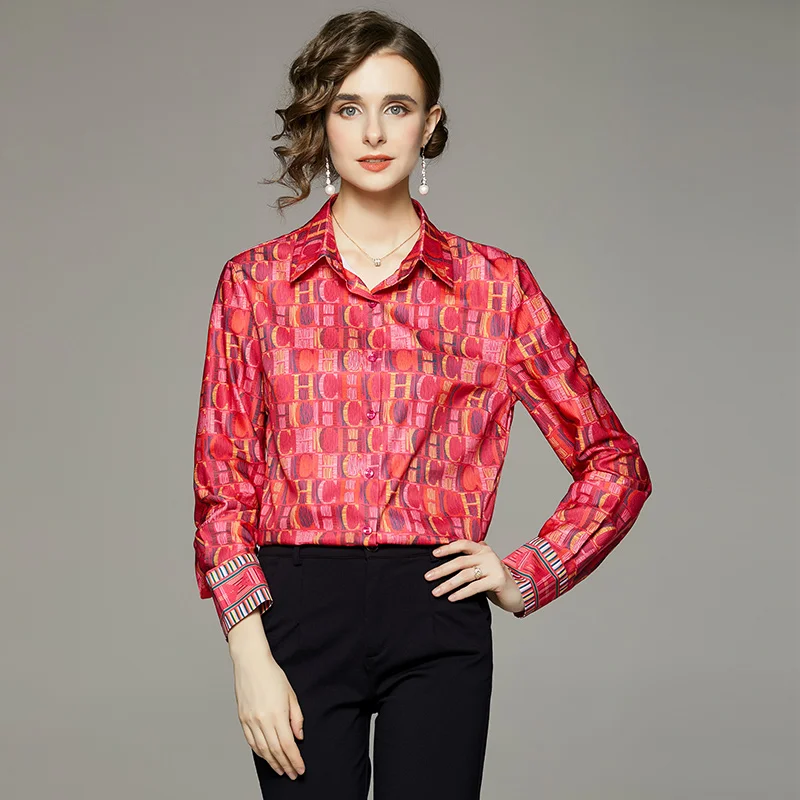 Fashion Letter Colorblock Print Oversize Chiffon Blouse