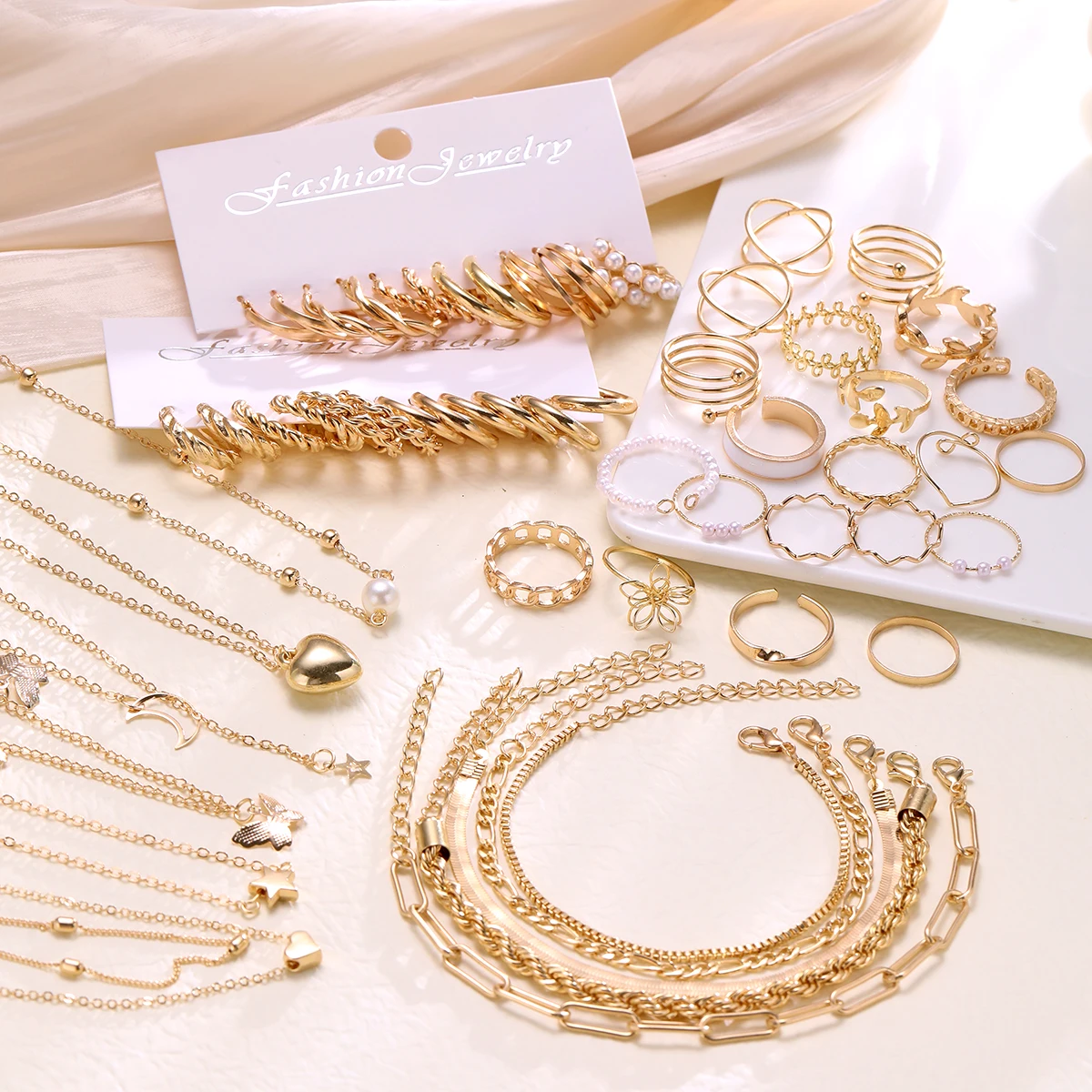 New 44 Pcs Boho Jewelry Sets for Women Fashion Vintage Heart Zircon Pearl Metal Earrings Necklaces Bracelets Ankles Rings Gifts