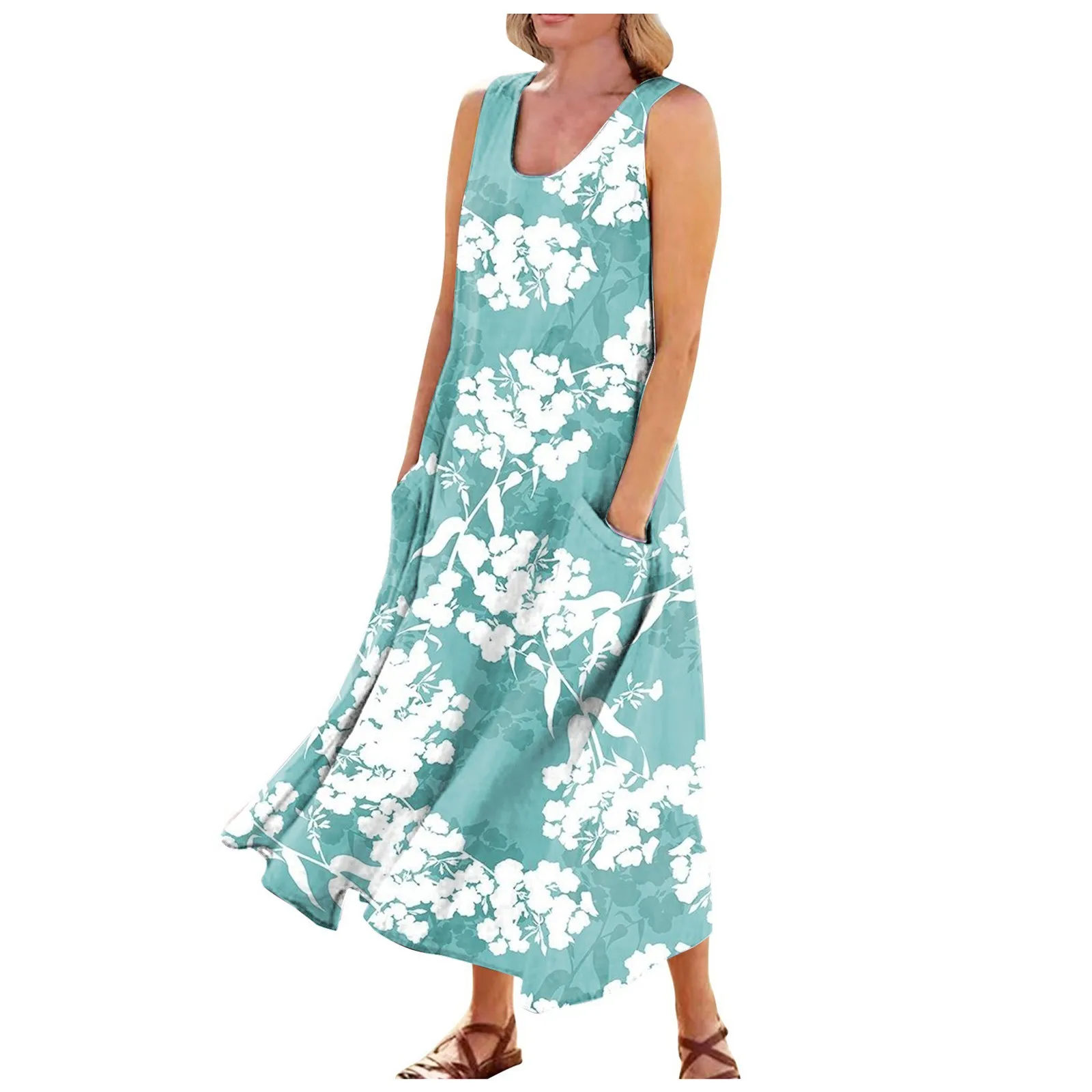 

Womens Summer Dress Loose V-Neck Sleeveless Summer Dress With Pocket High Quality Summer Skirt Casual Vintage Printed Long Skir