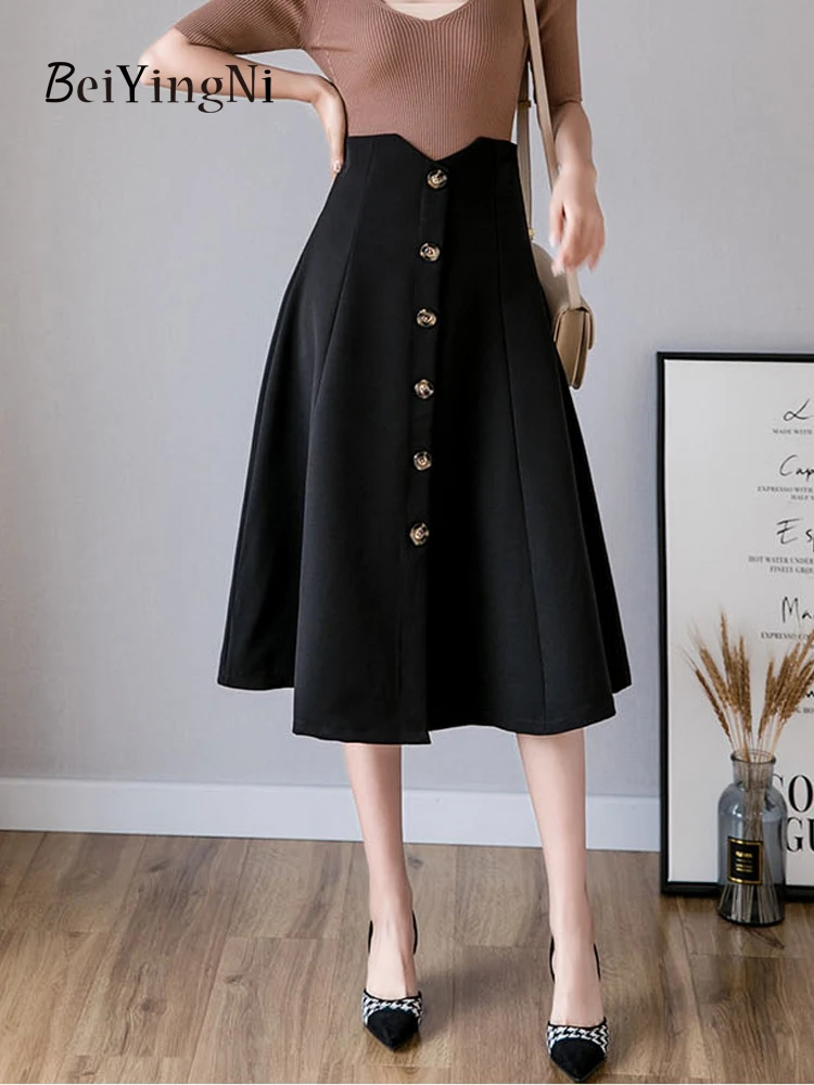 

Beiyingni 2023 Autumn High Waist Skirts for Women Single-breasted A-line Swing Umbrella Skirt Office Wear Black Long Midi Faldas