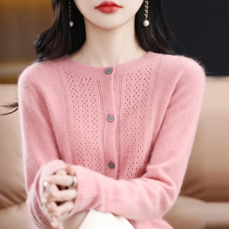 

Autumn and winter new first-line ready-to-wear ladies 100% pure wool O-neck solid color hollow warm knitted wool cardigan