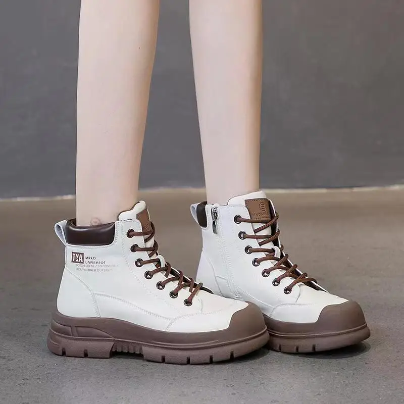 Genuine Leather Martin Boots for Women in Spring New Women's Boots Sith Thick Soles Side High Rise Canvas