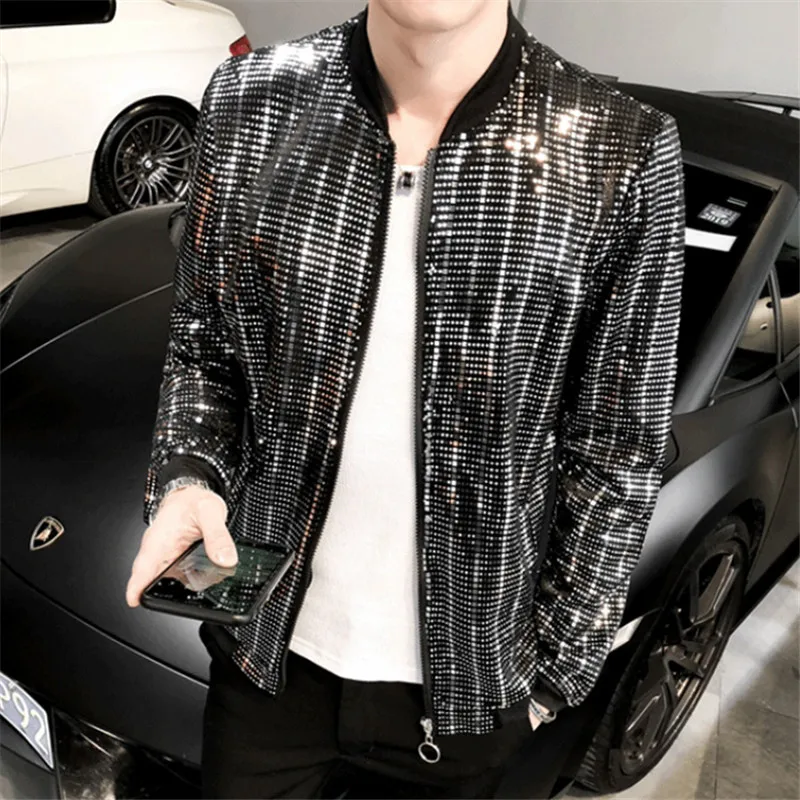 2022 Spring New Sequined Bomber Jacket Men Long Sleeve Glitter Zipper Thin Coat Hip Hop Loose Night Club Stage Streetwear Coats