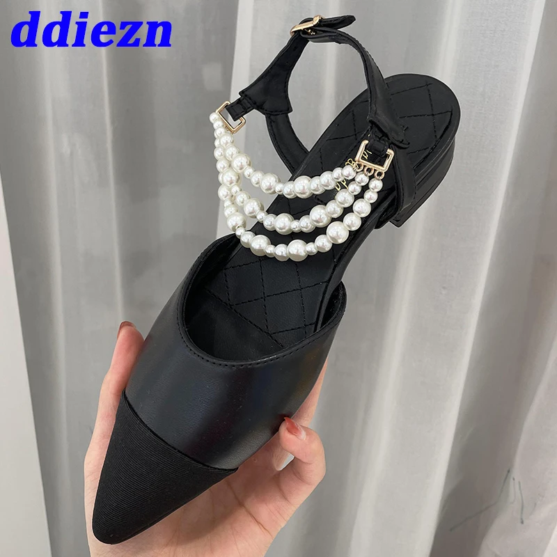 Ladies Flats Shoes Luxury Sandals 2023 Fashion String Bead Female Buckle  Pointed Toe Women Designer Sandals Shoes Summer Spring