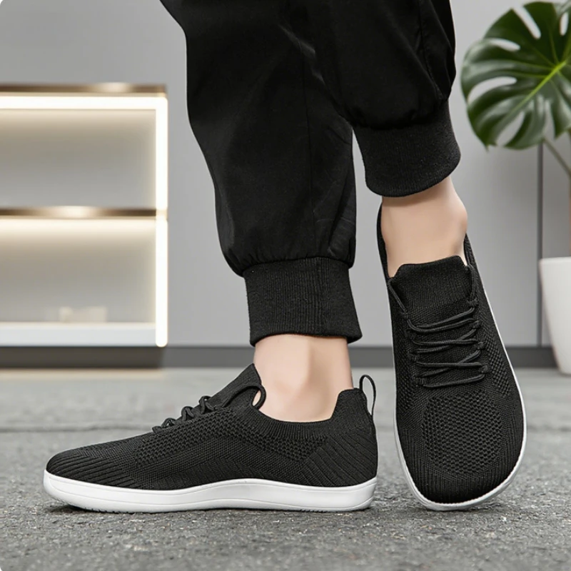 Wide Barefoot Shoes for Men Trendy Black Mesh Casual Walking Sneakers Breathable Non-Slip Minimalist Casual Wide Toe Men Shoes