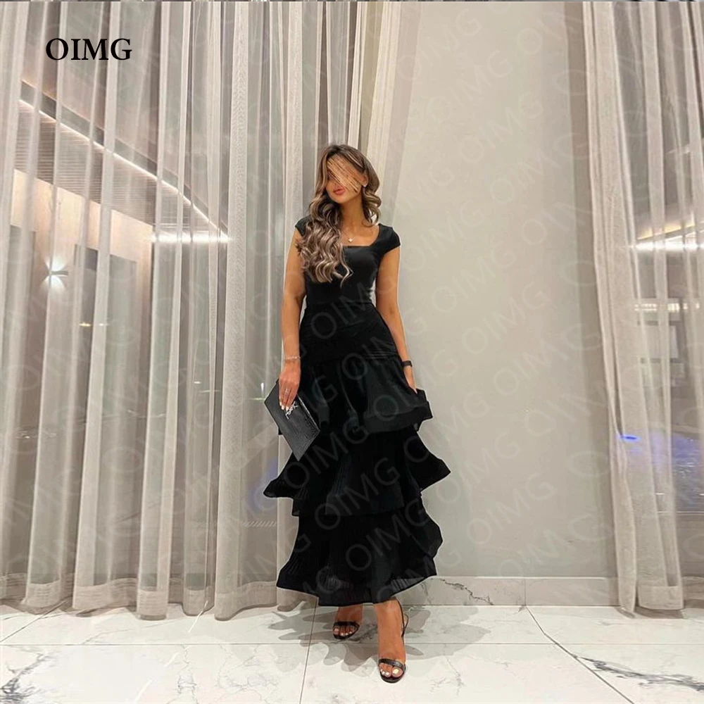 

OIMG Black Matte Satin Evening Dresses Women Formal Party Dress Tiered Tea Length Celebrity Prom Gowns Arabic Robe de soiree
