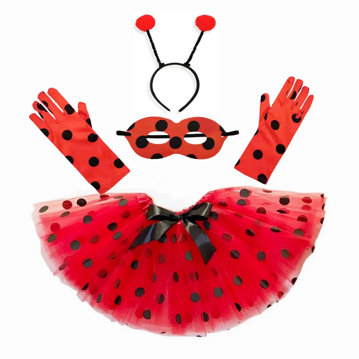 Girls Red Poka Dot Tutu Skirts Baby Ballet Tulle Pettiskirts Hairband Mask Kids Cosplay Ladybug Party Costume Skirts