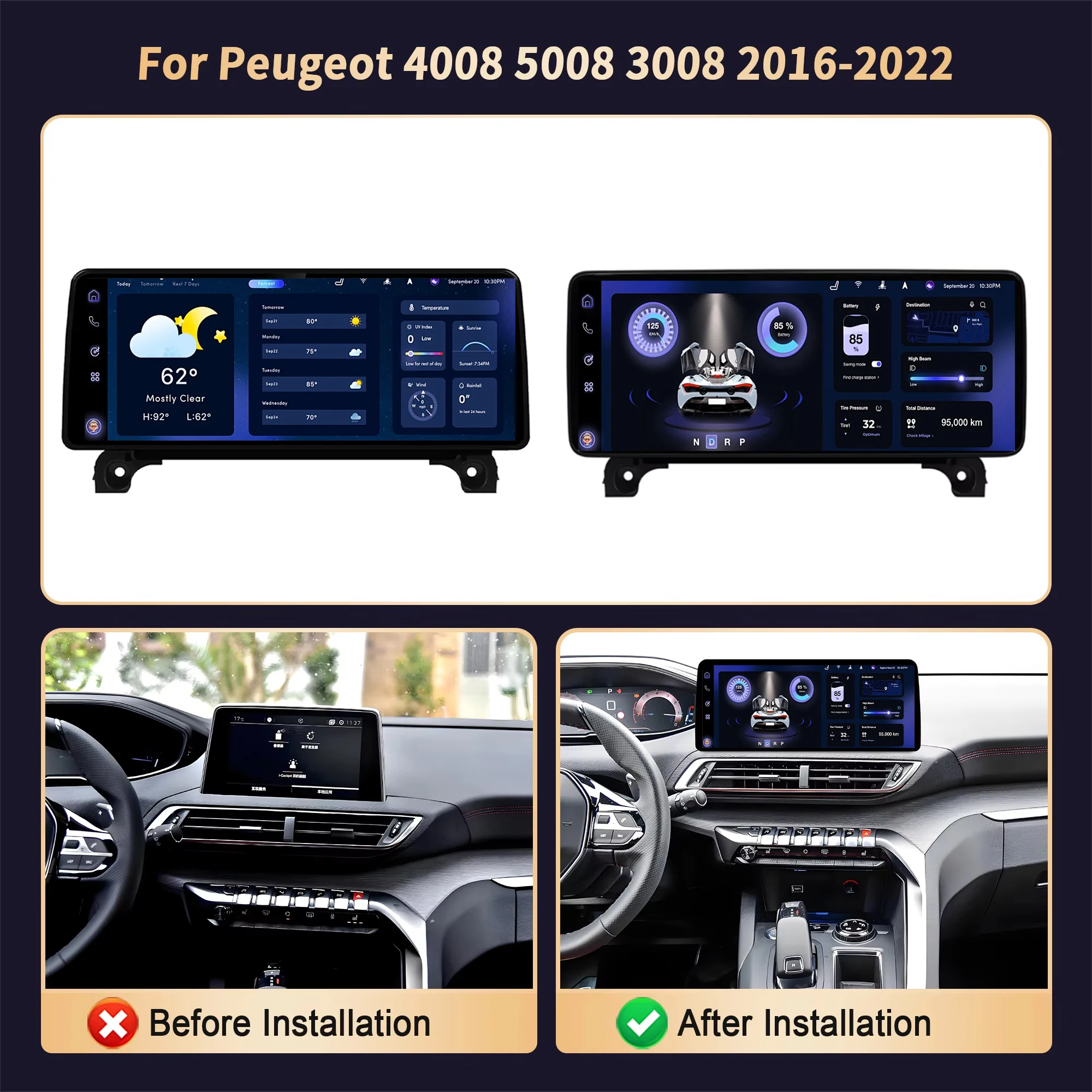 Radio con Android Auto para Peugeot 4008 5008 3008 2016-2022, Reproductor Multimedia Inalámbrico con Carplay, Pantalla con Bluetooth y Control de Volante 2