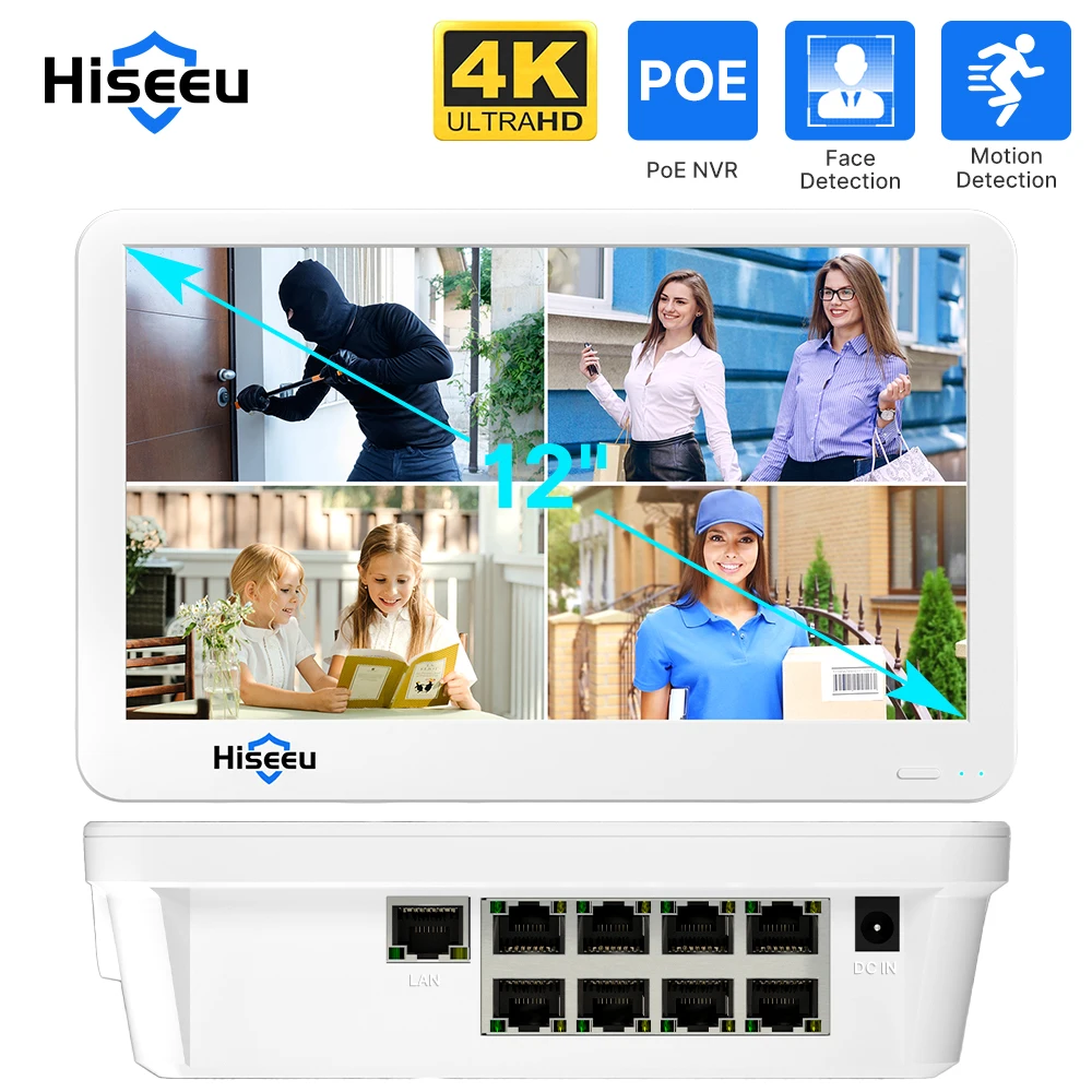 

8CH 4K POE NVR With 12" LCD Monitor H.265 CCTV Network Video Recorder 8MP HD NVR CCTV Surveillance Security System Xmeye Pro