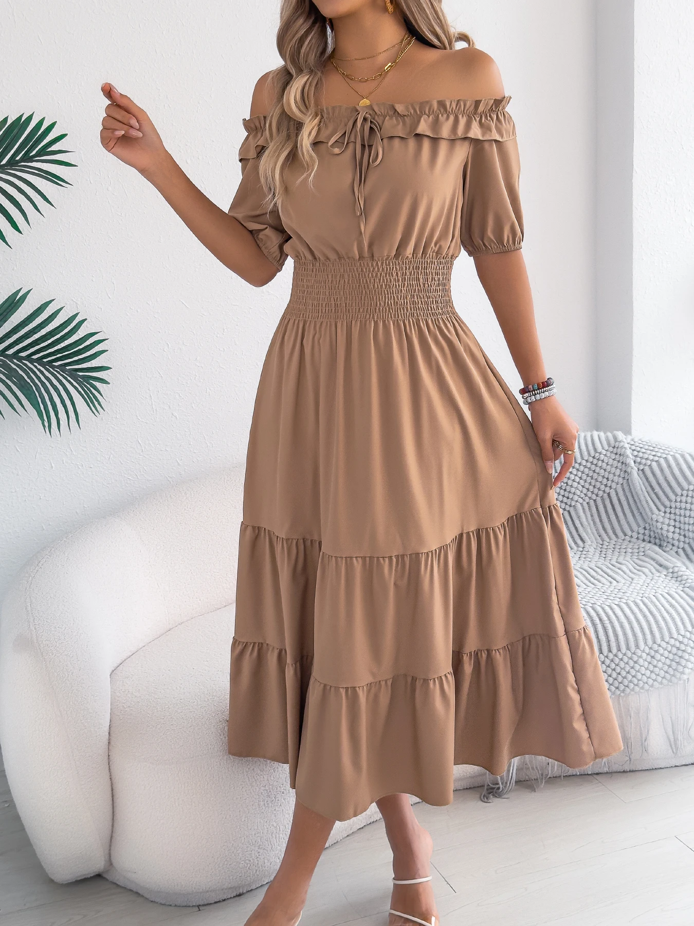 Pink Off Shoulder Midi Dress for Women