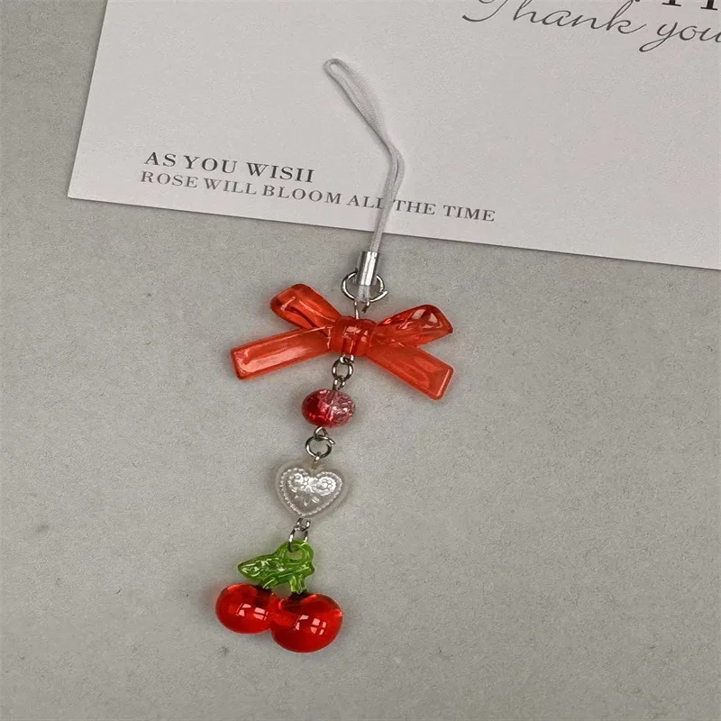 Cute Cherry Phone Charm Pendant Kawaii Key Bag Chain Accessorioes For iPhone Universal Girls Women Jewelry Keyring Hanging Cord