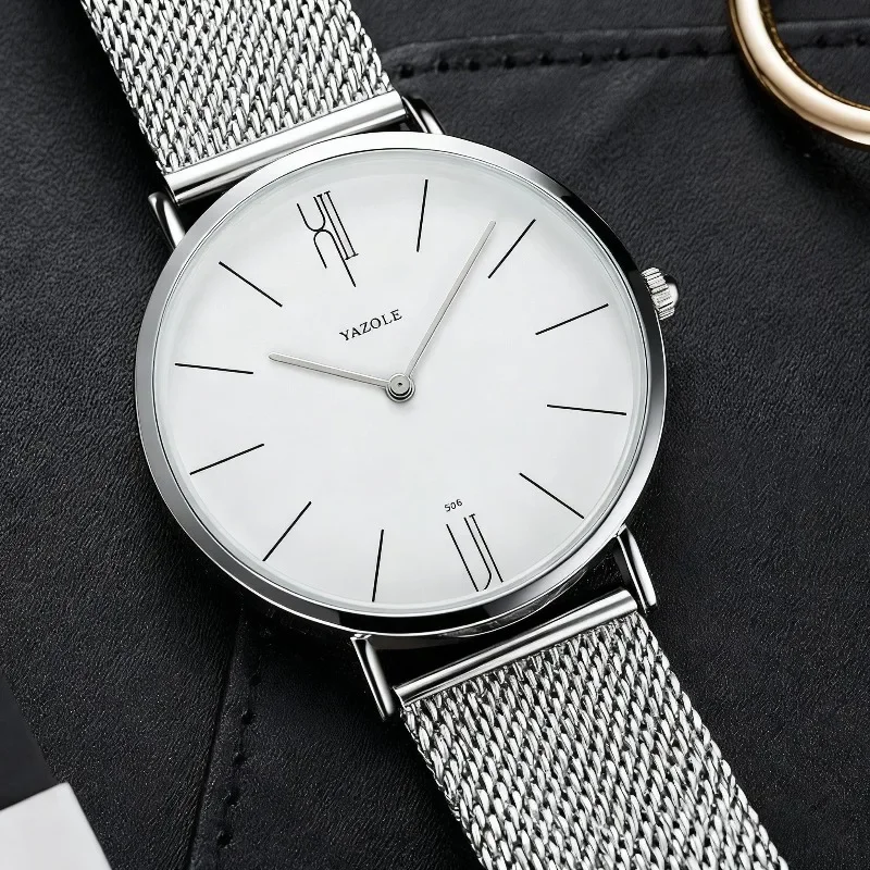 Men's Minimalist Ultra-Thin Quartz Watch with Metal Mesh Band