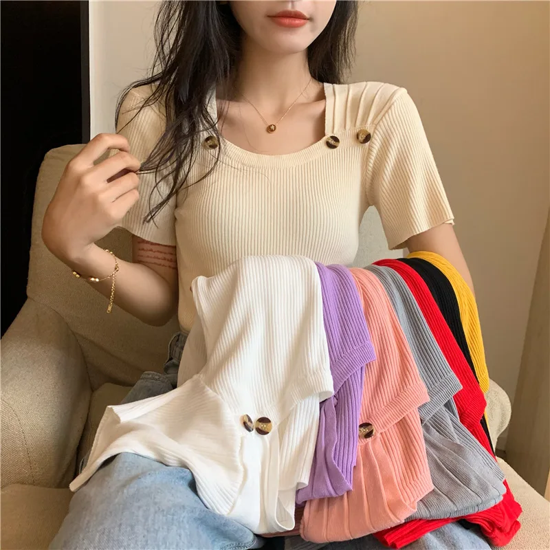 

Ice French short sleeved sweater spring summer 2023 slim T-shirt square collar button slim thin blouse women