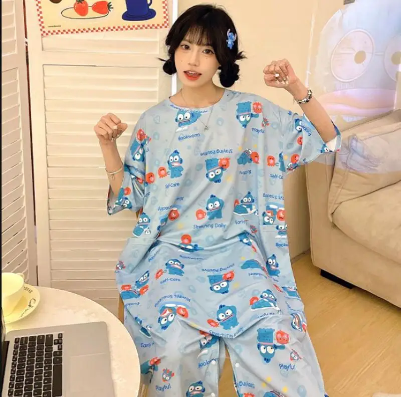 

Женская Слитная пижама из аниме мультфильма Sanrio Kuromi Pachacco Hangyodon летняя новая хлопковая юбка с коротким рукавом Свободная Домашняя одежда